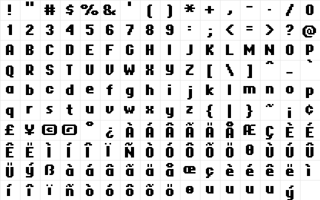 FFF Corporate Bold Regular  glyph index