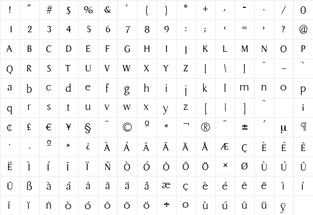 DragonSerial-Xlight Regular  glyph index