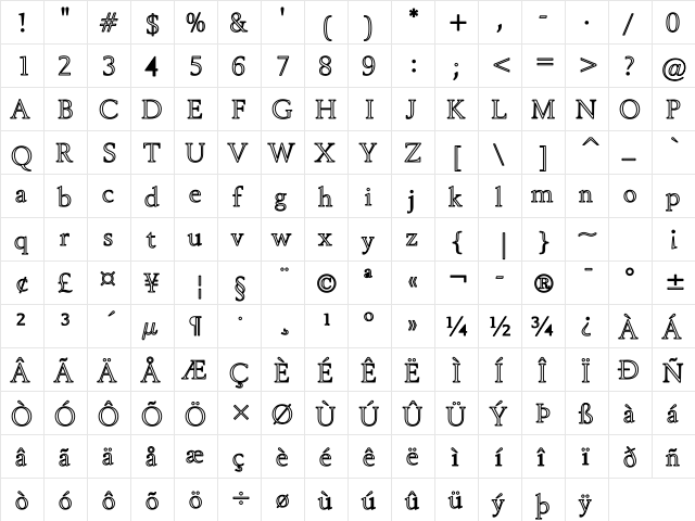 Revive OV Hollow bold Bold  glyph index