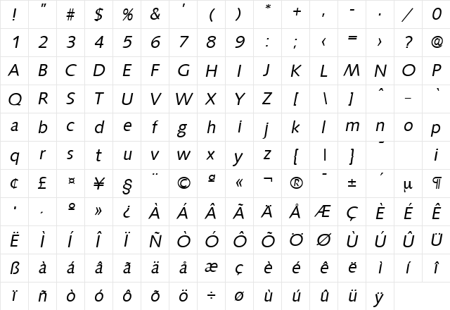 Saxony-Serial RegularItalic  glyph index