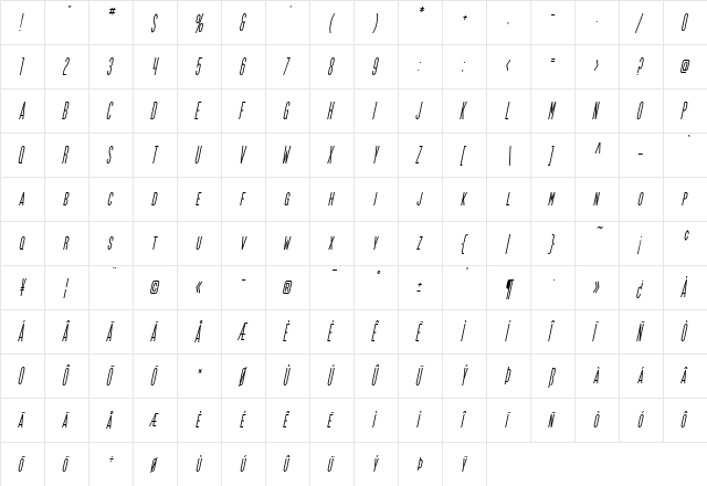 SF Movie Poster Condensed Oblique  glyph index