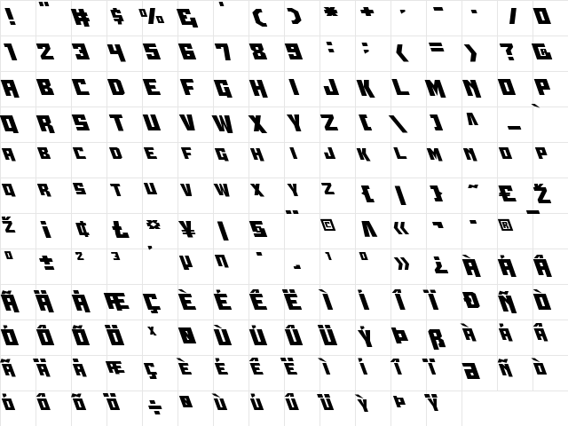 Whiskey Bravo Victor Leftalic Italic  glyph index