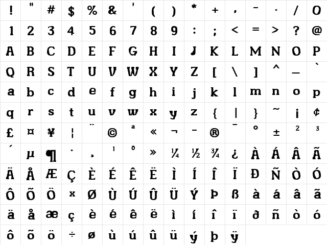 Angoby Bold  glyph index