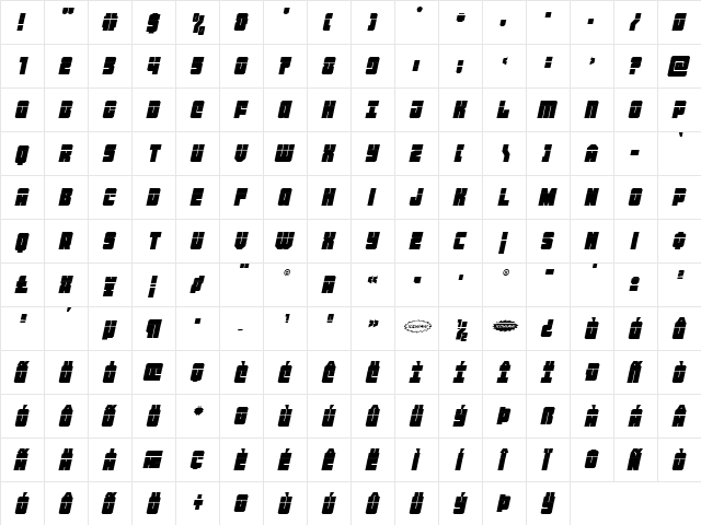Homebase Laser Italic Regular  glyph index