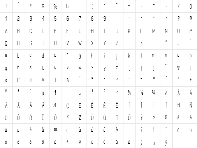 Elgethy Upper Bold Condensed Regular  glyph index