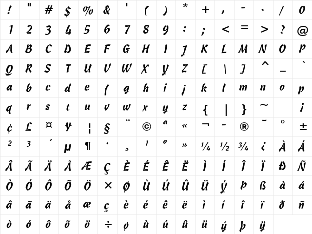 Freehand471 BT Regular  glyph index