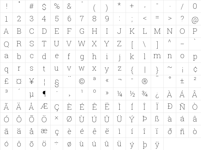 Roboto Slab Thin  glyph index