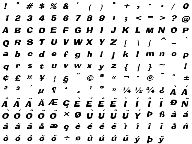 Alor Wide Italic  glyph index