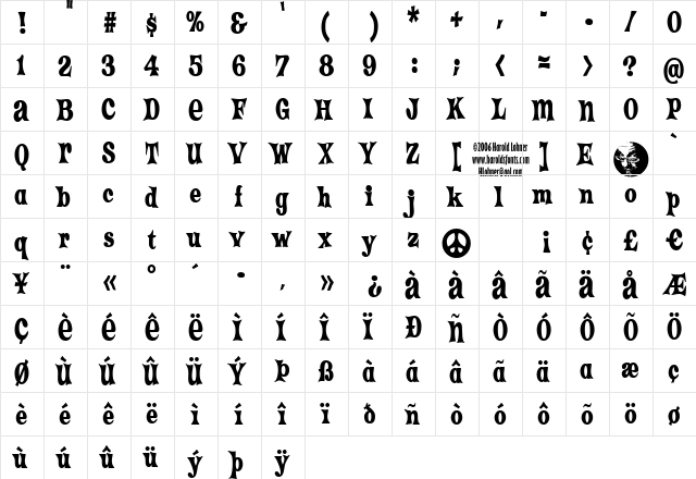 Crazy HaroldCondensed Alt Regular  glyph index