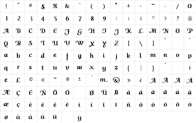 Caligula Regular  glyph index