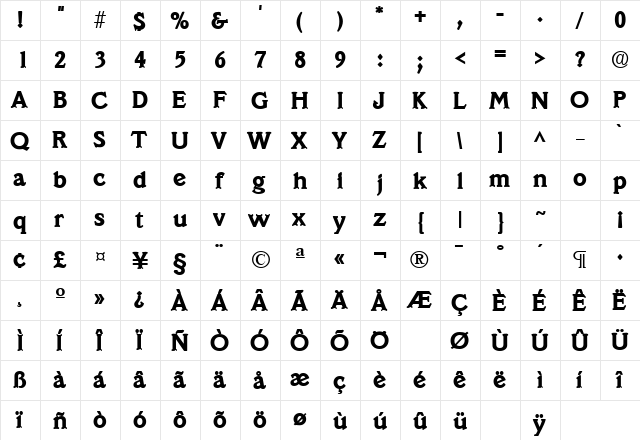 SanaCruz Heavy SF Bold  glyph index