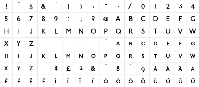 PaddingtonSC Plain Small Caps Roman  glyph index
