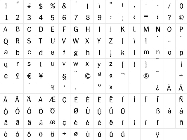 PlymouthAntique Regular  glyph index