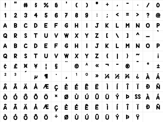 Handform Regular  glyph index