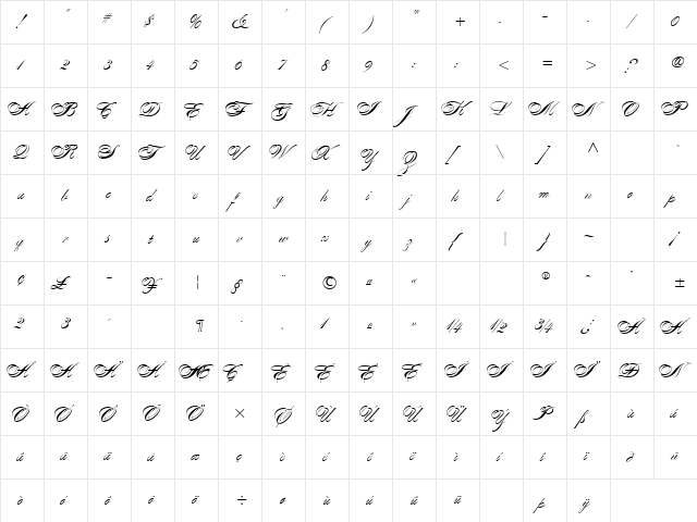 Alexandra Script Normal Regular  glyph index