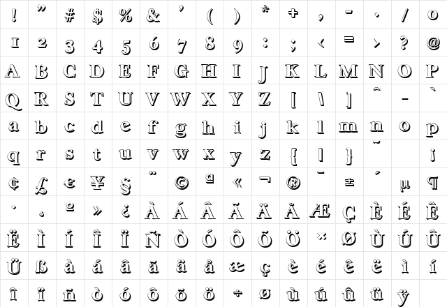 CasablancaShadow-Xbold Regular  glyph index