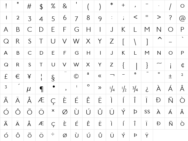 Johnston ITC Light  glyph index
