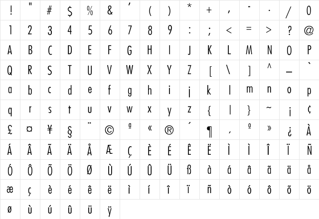 Fairmont-CondensedLight-Normal Regular  glyph index