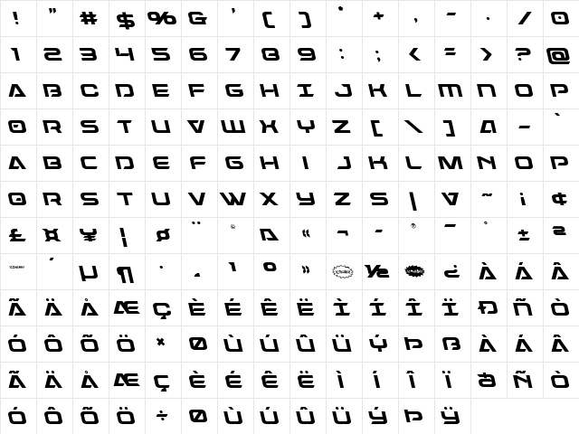Dameron Leftalic Italic  glyph index