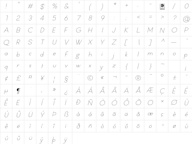 Typo Formal Light Demo Italic  glyph index