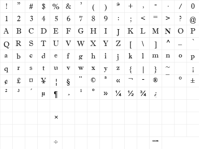 FFX Times Engraved Regular  glyph index