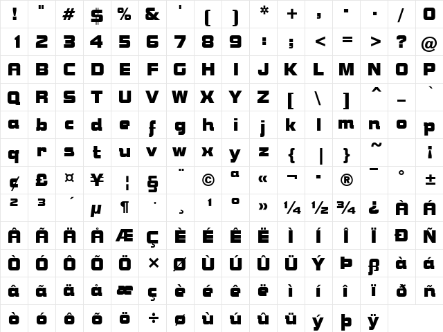 Mechanical Bold  glyph index