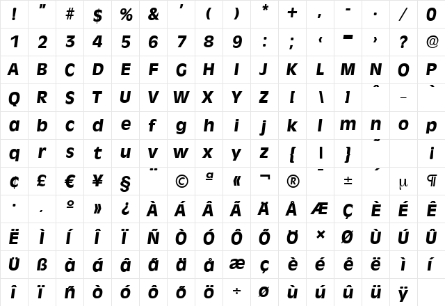 RavennaSerial-Xbold Italic  glyph index