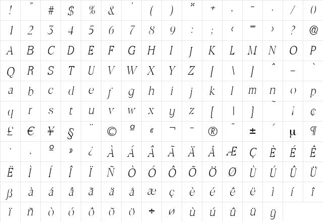 RalphBecker-ExtraLight Italic  glyph index