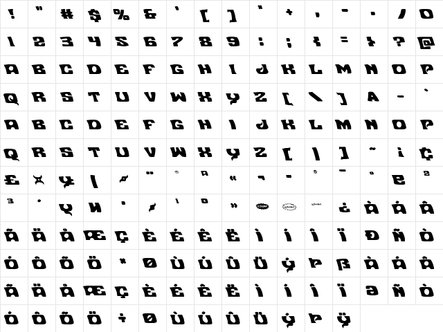 Nuevo Passion Leftalic Italic  glyph index