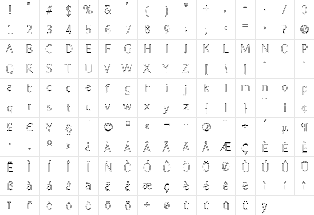 AlexanderBeckerOutline-ExLight Regular  glyph index