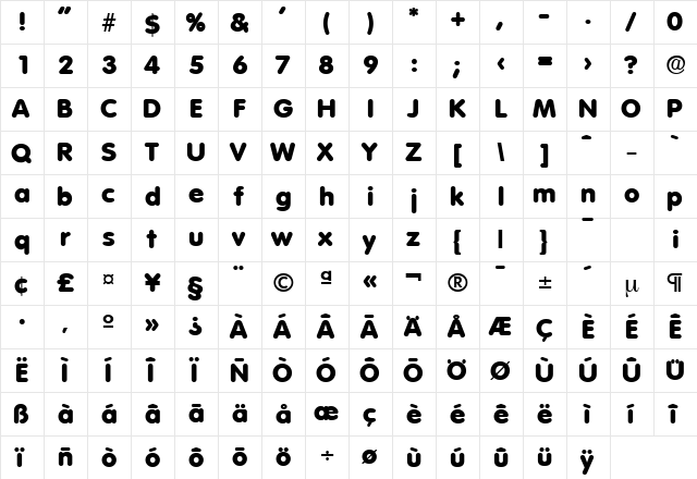 Volkswagen-Serial-Heavy Regular  glyph index