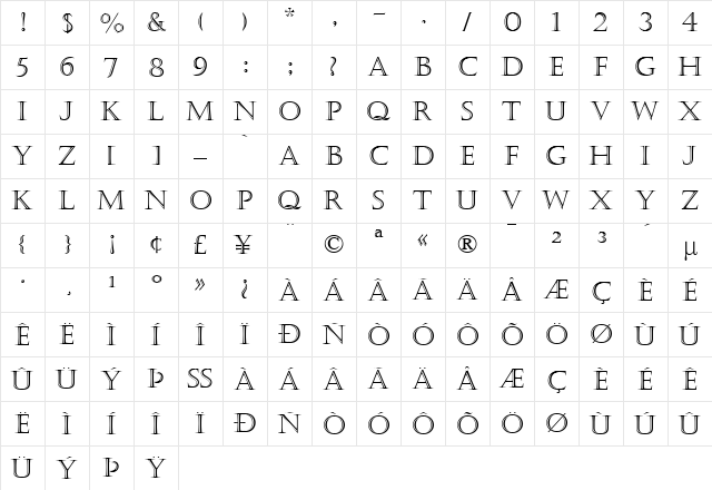 CastellarMT Roman  glyph index