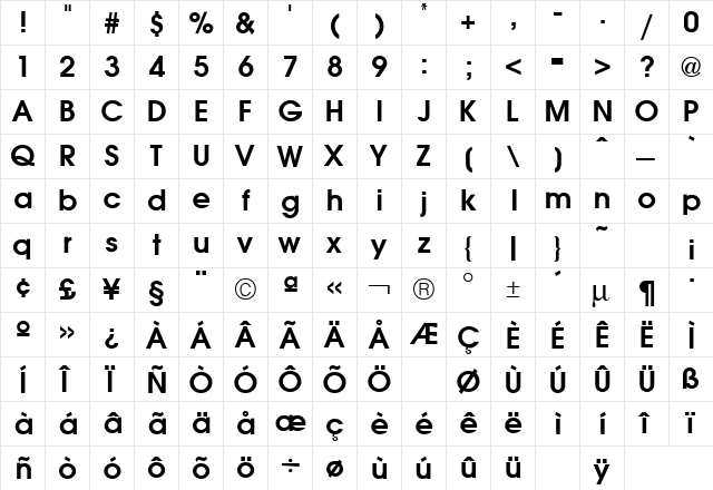 Avant Garde Bold  glyph index