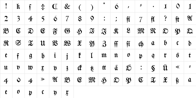 Fraktura Regular  glyph index