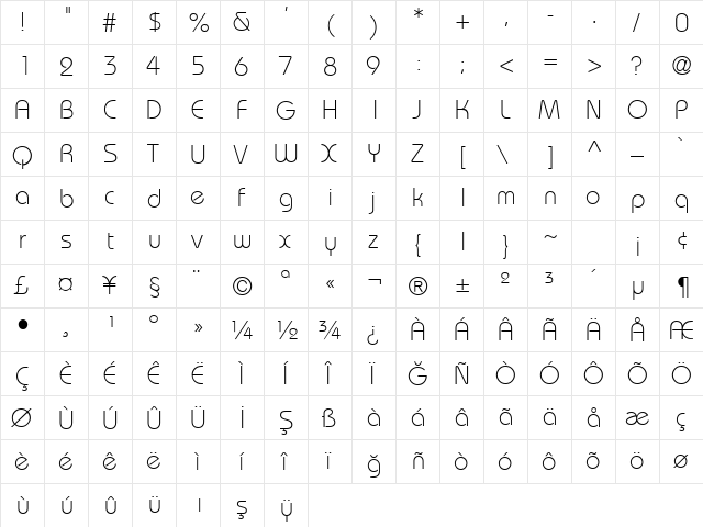 TR Bahamas Light Plain  glyph index