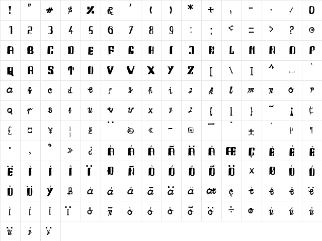 Torch Light Regular  glyph index