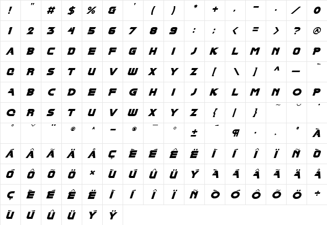 BladeOblique Regular  glyph index