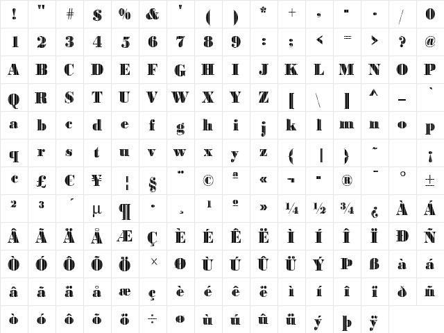 BodoniVjet Regular  glyph index