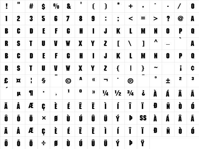 ITC Machine Std Bold  glyph index