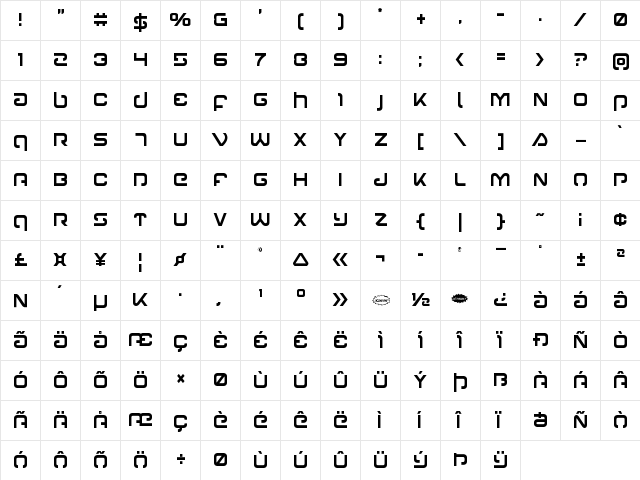 Gunrunner Condensed Condensed  glyph index