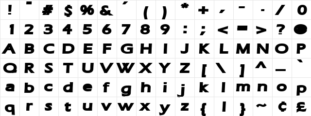 Ruffian bold Normal  glyph index