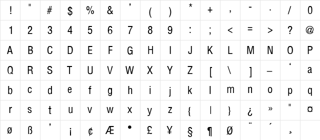 Partridge-Condensed-Thin Regular  glyph index