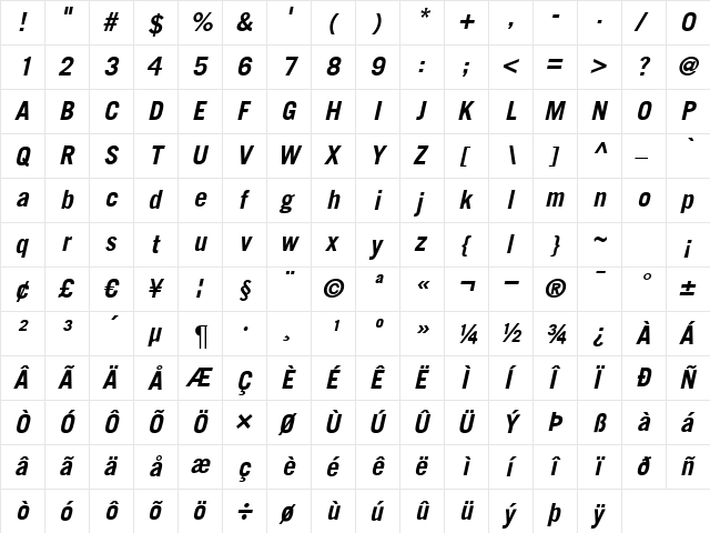 TransferGothic BoldItalic  glyph index