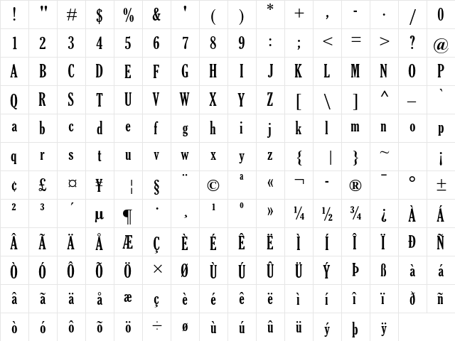 Gloucester MT Std Bold ExtCond  glyph index