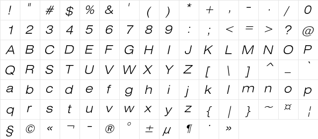 HeliosExtLight Italic  glyph index