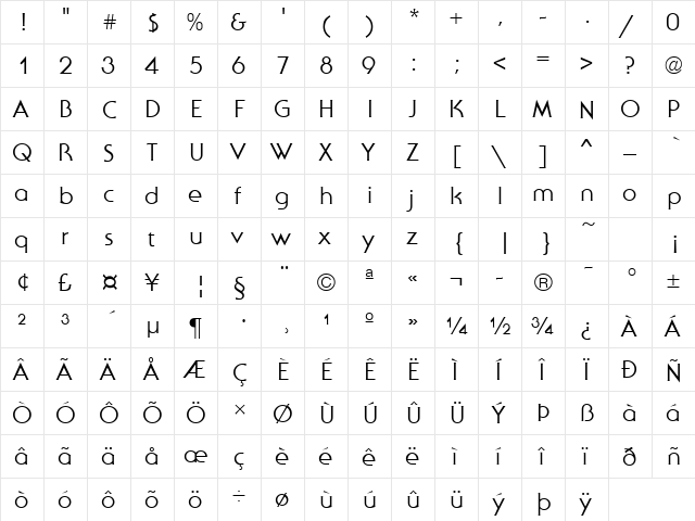 Serenade Regular  glyph index