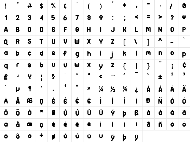 Caress Regular  glyph index