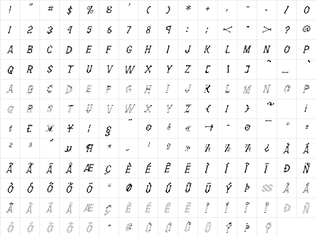 Dem Bones Italic  glyph index