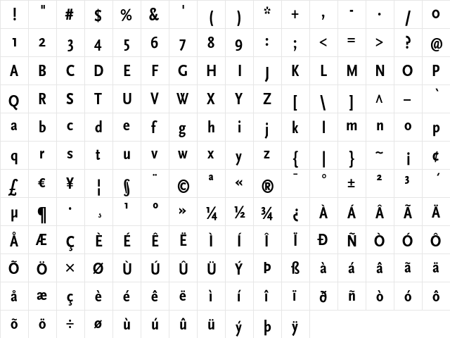 ScalaSans Cond Bold  glyph index