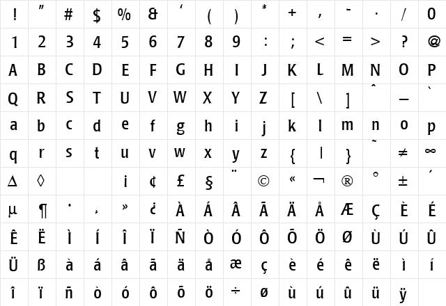 PoemLavishCond Regular  glyph index